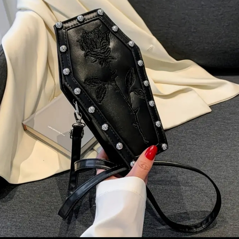 Mini Dark Crossbody Coffin Shaped Bag - Picture 4 of 6